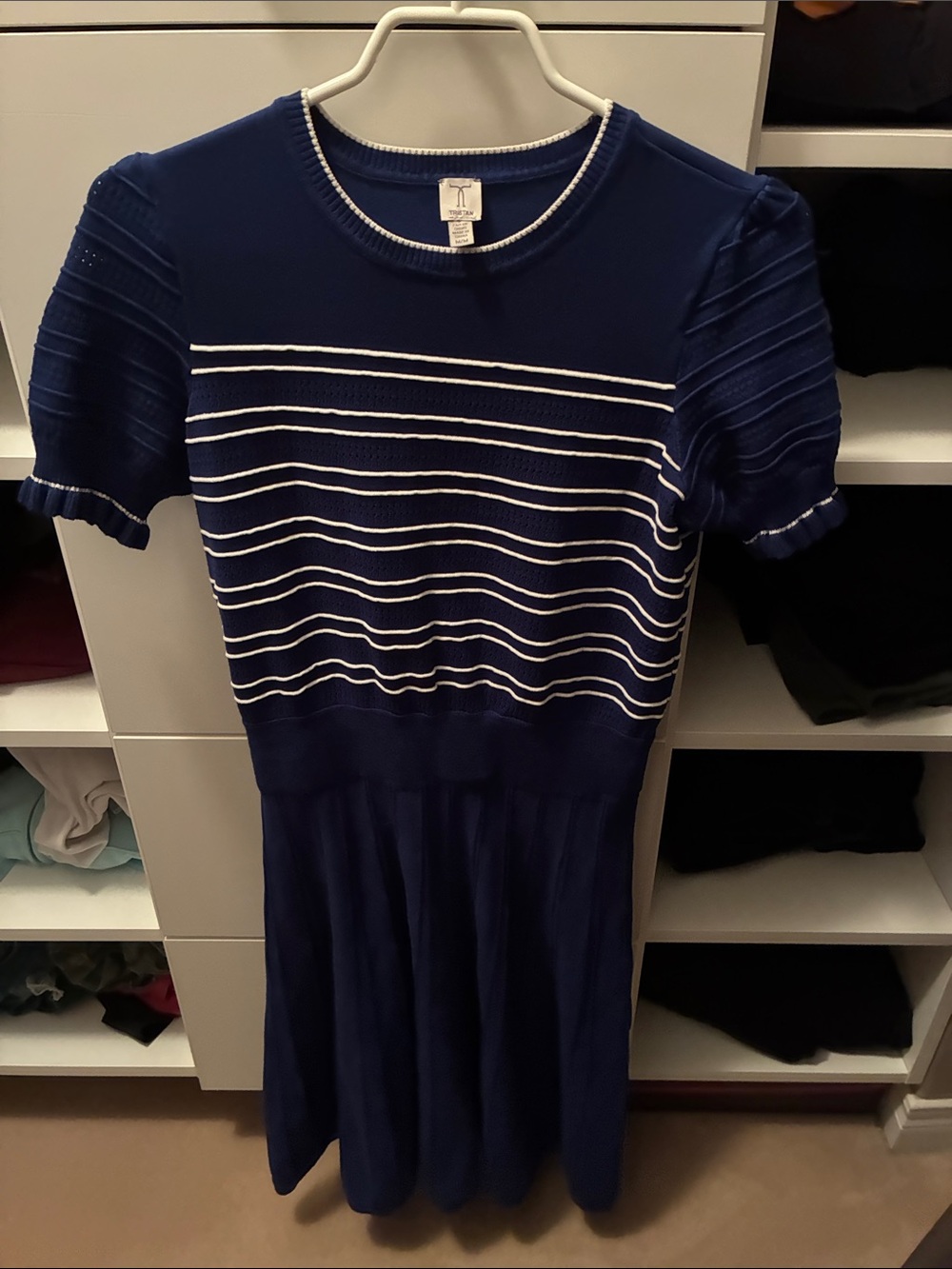 Tristan Navy and White Striped Knit Midi Dress